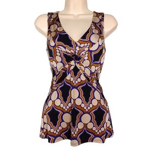 KOKOON Purple Tan Cream Black Geometric Circle Print Twist Sleeveless Top Small